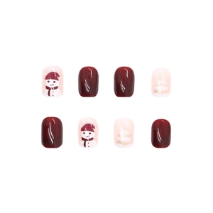 Short festive wine red Christmas press-on nails with cute snowman and glitter tree patterns