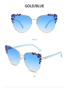 Detailed views of gold cat eye sunglasses with blue gradient lenses and rhinestones
