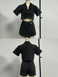 Front and back detail of black denim crop top and asymmetrical skort set with utility pockets