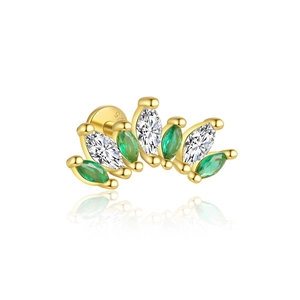 Detail of S925 silver stud earrings with marquise green and white zircons in gold finish