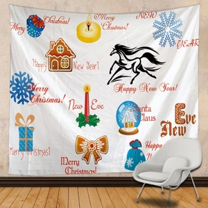 Détail de tapisserie de Noël avec chevaux et maison en pain d'épices sur tissu blanc