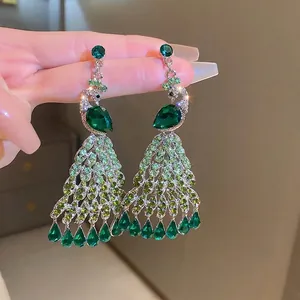 Peacock Tassel Earrings Alloy Crystal With 925 Sterling Silver Earring Post Vintage Emerald Green Accessory Women