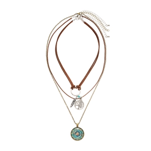Set di 3 collane boho con ciondoli a foglia mandala e piume per donna