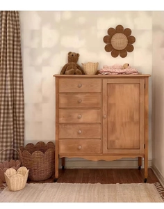 Detailed view of Nordic style wood storage cabinet with drawers and silent wheels