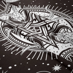 Detailed close-up of gothic tapestry featuring goat skull and pentagram symbols on black fabric