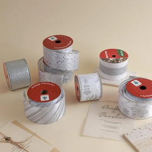 Christmas Ribbon Silver White Glitter Wire Edged Snowflake Mesh Organza For Gift Wrapping DIY Bows Tree Decoration