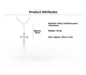 Detail view of double-layer beaded necklace featuring large rhinestone cross and imitation pearls