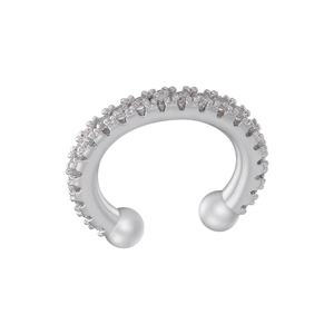 Macro shot of silver plated ear cuff with micro-pave zircons and smooth bead ends