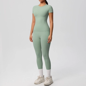 Sage green short sleeve fitness set with high-waist yoga pants and slim-fit top