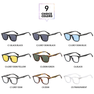 Detailed catalog of retro square sunglasses showing 9 available frame and lens color options