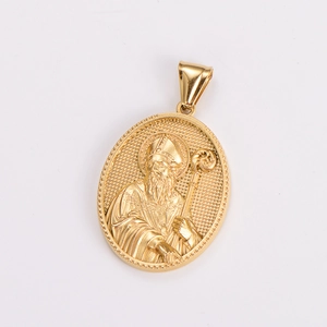 Detailed close-up of golden stainless steel religious oval pendant with embossed saint