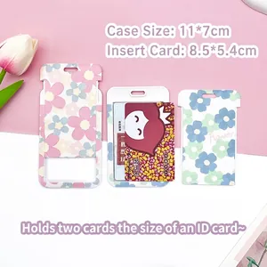 Floral aesthetic ID card holder for students with wristlet strap and keychain