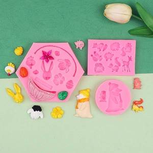 Rosa Silikonform Ostern mit Kaninchen, Küken und Eichhörnchen für kreatives Backen DIY
