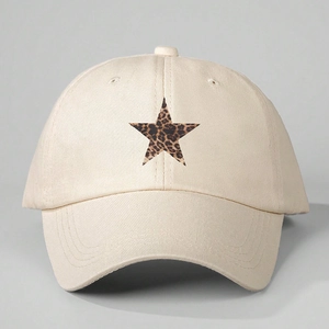 Beige cotton baseball cap featuring a stylish leopard print star on the front panel