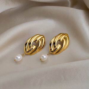 Elegant 18K gold plated stainless steel twisted drop earrings with white freshwater pearls
