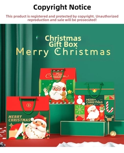 Detail of Christmas gift boxes with Santa illustrations and green braided handles