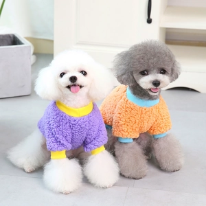 Macro detail of soft purple yellow and orange blue patchwork fleece pet sweaters on dogs