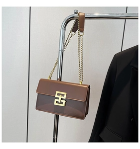Detail of vintage brown shoulder bag showing golden H-clasp and leather chain strap