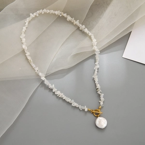 Baroque pearl pendant necklace with white irregular stones and golden T-bar clasp closure