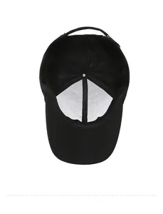 Detail view of the black baseball cap showing the six-panel interior construction and stitching
