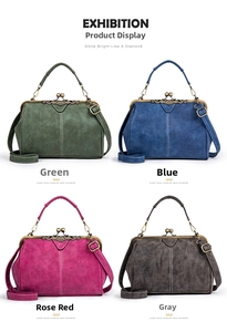 Four colors of vintage satchel bags showing metal clasp details and matte textures