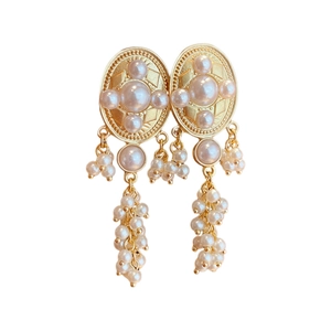 Vintage gold-tone oval earrings with faux pearls and baroque tassel design for women