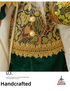 Macro shot of Santa doll featuring gold jacquard fabric, red beads and green velvet detail