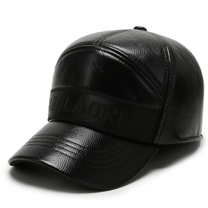 Schwarze Leder-Baseballkappe für Herren mit Lauren-Stickerei und warmem Futter im Winter
