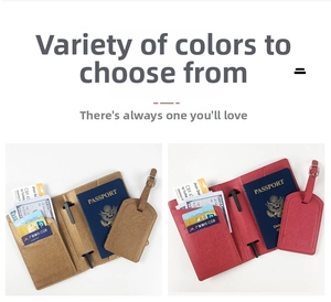 Detailed view of PU leather travel set including passport holder and luggage tag