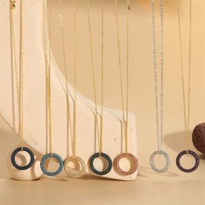 14K gold plated necklaces featuring circular pendants with multi-colored pavé zircons
