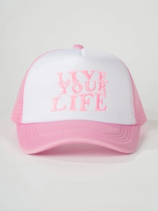 Detailed view of pink and white trucker hat featuring Live Your Life embroidery