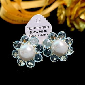 Flower Pearl Stud Earrings With Blue Crystal Zircon Earring Post Copper Luxury Elegant For Women