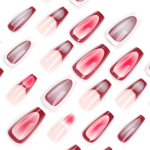French gradient press-on nails in long coffin shape with red and beige wine tones