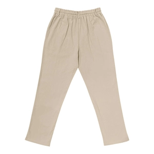 Detailed close-up of beige linen pants fabric texture and elastic drawstring waistband
