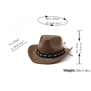 Detail showing the brown suede cowboy hat with checkered ribbon and silver stud accents