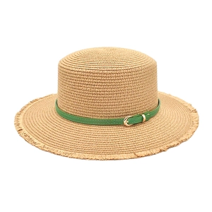 Boater Straw Hat Flat Top Fringed Brim Sun Protection Summer Beach Vintage With Leather Belt Gold Buckle For Women Men