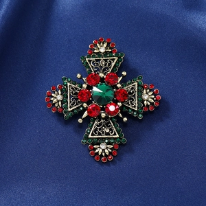 Vintage gold cross brooch with emerald green and ruby red rhinestones for men suits