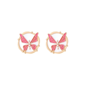 Elegant purple butterfly stud earrings with imitation pearls in gold-tone setting