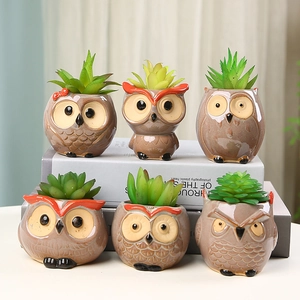 Cute Owl Ceramic Flower Pot Glazed Succulent Planter With Drainage Hole Desktop Office Home Decor Rural Style