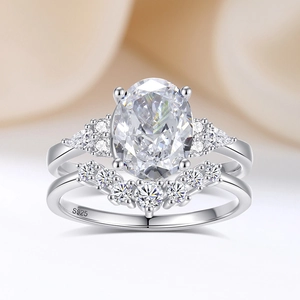 2.5ct oval-cut sterling silver wedding ring set with S925 hallmark and pave accents