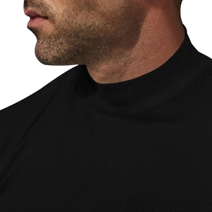 Close-up of the black men's mock neck t-shirt collar showing fabric texture and seams
