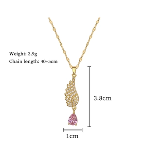 Detailed size map of angel wing pendant necklace with pink teardrop crystal on white back