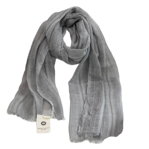 Gray cotton linen skinny scarf with fine tassel fringe design on a clean white background