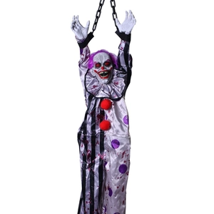 Scary Halloween hanging clown prop with bloody clothes and chains for haunted house decor