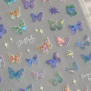 Holographic butterfly nail stickers with laser effect and iridescent shining stars