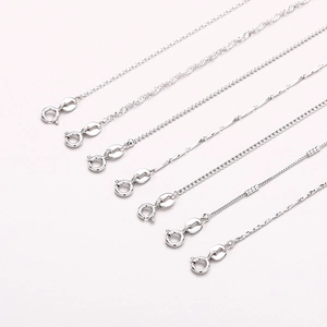 Detail showing various silver chain styles including snake, water wave and box link patterns