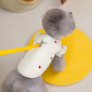 Quilted cream pet vest with red hearts and yellow leash for small dogs and cats