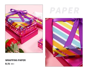 Detail of colorful striped and polka dot gift wrapping paper with glossy finish