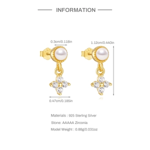 Detailed close-up of S925 sterling silver pearl stud earrings with AAAAA zircon stones