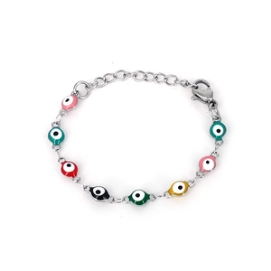 Détail d'un bracelet bébé mauvais œil en émail coloré avec fermoir mousqueton réglable argenté